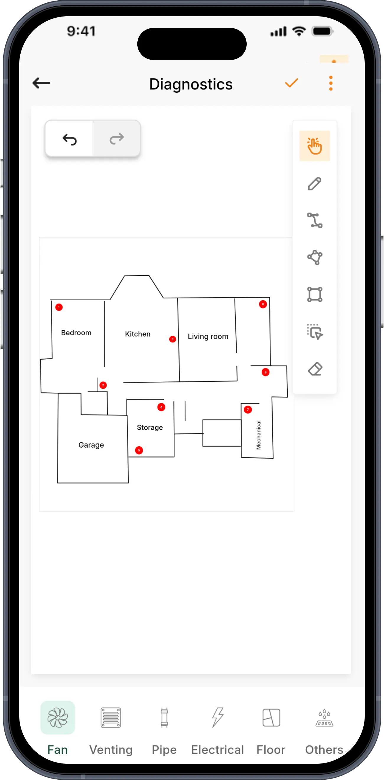 The same property drawn clean in RadonSketch — rooms labelled and suction points numbered